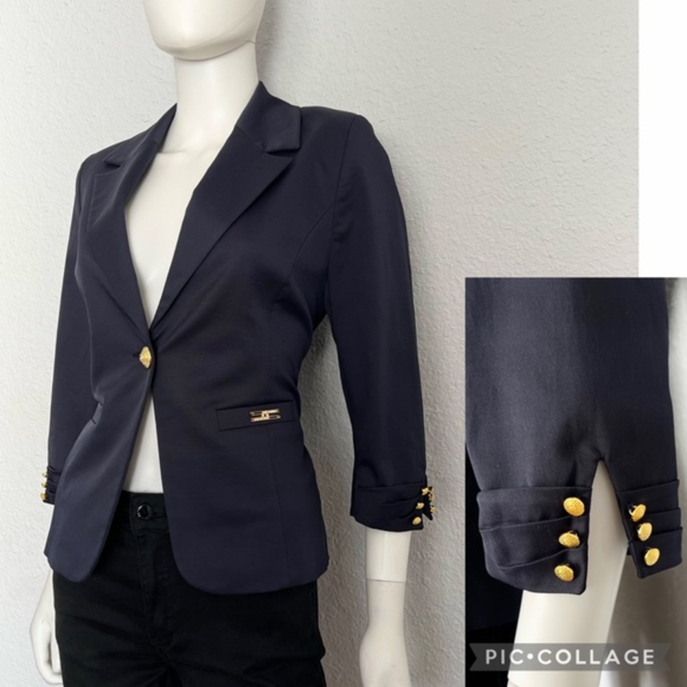 NWT WOMEN BLAZER NAVY BLUE JACKET ONE BUTTON LINED 3/4 SLEEVES NOTCHED‎ COLLAR